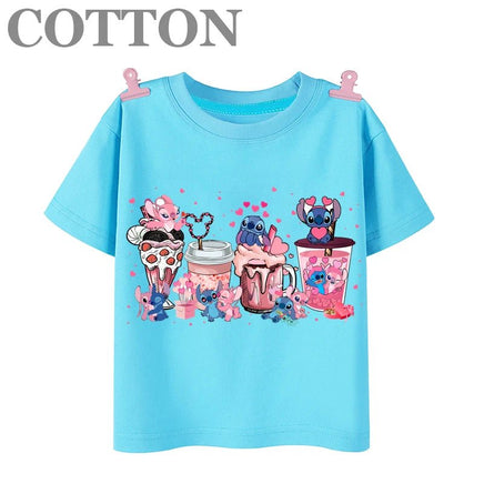Stitch Anime Summer Cotton Kids T-shirt - Casual Short Sleeve, Round Neck 2023100802-Sky Blue