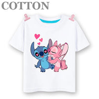 Stitch Anime Summer Cotton Kids T-shirt - Casual Short Sleeve, Round Neck 2023100803-White