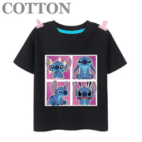 Stitch Anime Summer Cotton Kids T-shirt - Casual Short Sleeve, Round Neck 2023100804-Black