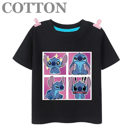 Stitch Anime Summer Cotton Kids T-shirt - Casual Short Sleeve, Round Neck 2023100804-Black