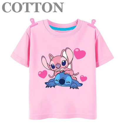 Stitch Anime Summer Cotton Kids T-shirt - Casual Short Sleeve, Round Neck 2023100801-Pink
