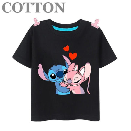 Stitch Anime Summer Cotton Kids T-shirt - Casual Short Sleeve, Round Neck 2023100805-Black