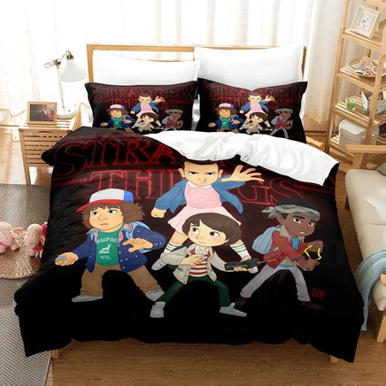 Bedding set with anime-style characters on a bed in a room.