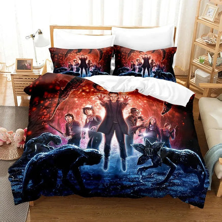 Premium Stranger Things Bed Set featuring a high-definition 3D print of the four main characters on bicycles cycling toward a massive red glowing storm and the "Welcome to Hawkins" sign.