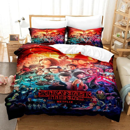 Stranger Things bed set featuring Hellfire Club logo and Demogorgon print in a teen bedroom
