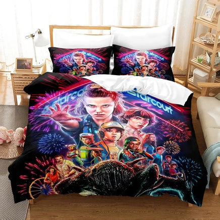 Stranger Things bed set featuring Hellfire Club logo and Demogorgon print in a teen bedroom

