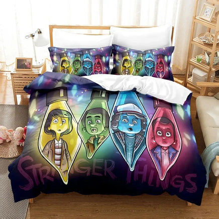 High-quality 3D printed Stranger Things bed set featuring the main characters on bicycles under a dramatic red storm sky on the road to Hawkins.
