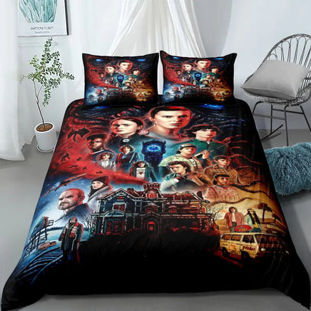 Bedding set with a collage of characters and scenes on a bed