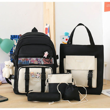 Stylish Five-Piece Women's Schoolbag Set Black With White