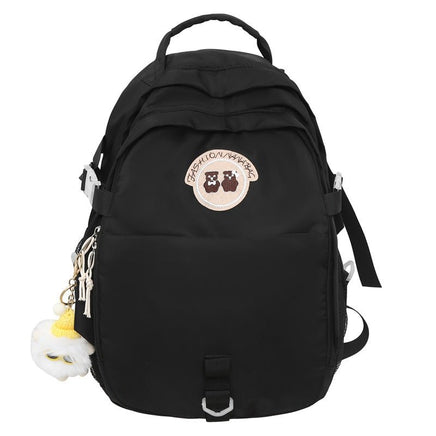 Stylish Korean Travel Backpack for Junior High School Female Students with Cute Bear Design Black Large Pendant