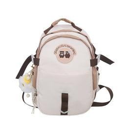 Stylish Korean Travel Backpack for Junior High School Female Students with Cute Bear Design White With Khaki Large Pendant