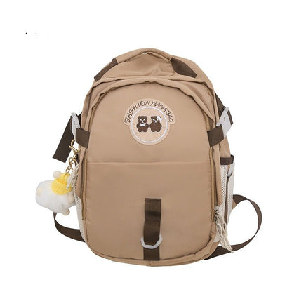 Stylish Korean Travel Backpack for Junior High School Female Students with Cute Bear Design Khaki Large Pendant