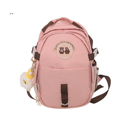 Stylish Korean Travel Backpack for Junior High School Female Students with Cute Bear Design Pink Large Sized Pendant