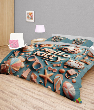 Summer bedding sets - Blue Hello Kitty bed linen 3D bedroom - Cute duvet cover and pillowcase - Lusy Store LLC