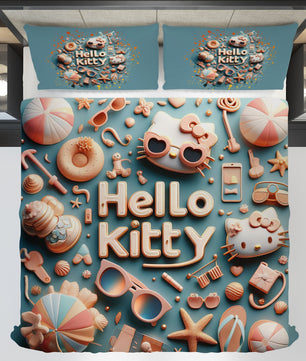 Summer bedding sets - Blue Hello Kitty bed linen 3D bedroom - Cute duvet cover and pillowcase - Lusy Store LLC