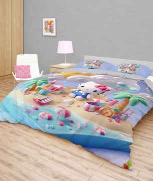 Summer bedding sets - Coastal Hello Kitty bed linen 3D bedroom - Cute duvet cover and pillowcase - Lusy Store LLC