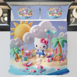 Summer bedding sets - Coastal Hello Kitty bed linen 3D bedroom - Cute duvet cover and pillowcase - Lusy Store LLC