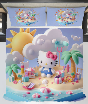 Summer bedding sets - Coastal Hello Kitty bed linen 3D bedroom - Cute duvet cover and pillowcase - Lusy Store LLC