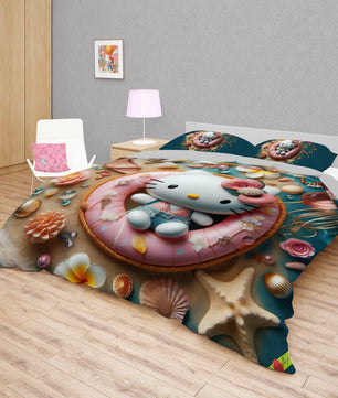 Summer bedding sets - Coastal Hello Kitty bed linen 3D bedroom - Cute duvet cover and pillowcase - Lusy Store LLC