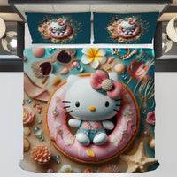 Summer bedding sets - Coastal Hello Kitty bed linen 3D bedroom - Cute duvet cover and pillowcase - Lusy Store LLC