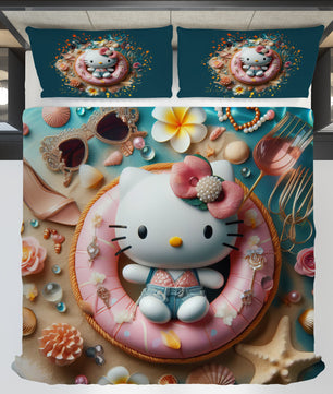 Summer bedding sets - Coastal Hello Kitty bed linen 3D bedroom - Cute duvet cover and pillowcase - Lusy Store LLC