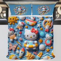 Summer bedding sets - Coastal Hello Kitty bed linen 3D bedroom - Cute duvet cover and pillowcase Bedding Set (3pcs)