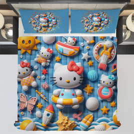 Summer bedding sets - Coastal Hello Kitty bed linen 3D bedroom - Cute duvet cover and pillowcase Bedding Set (3pcs)