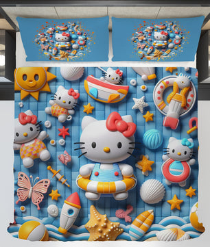 Summer bedding sets - Coastal Hello Kitty bed linen 3D bedroom - Cute duvet cover and pillowcase - Lusy Store LLC