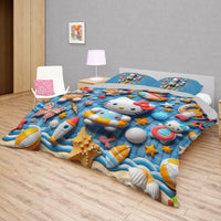 Summer bedding sets - Coastal Hello Kitty bed linen 3D bedroom - Cute duvet cover and pillowcase Bedding Set + Flat Sheet (4pcs)