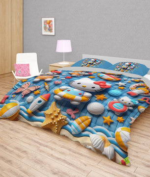 Summer bedding sets - Coastal Hello Kitty bed linen 3D bedroom - Cute duvet cover and pillowcase - Lusy Store LLC
