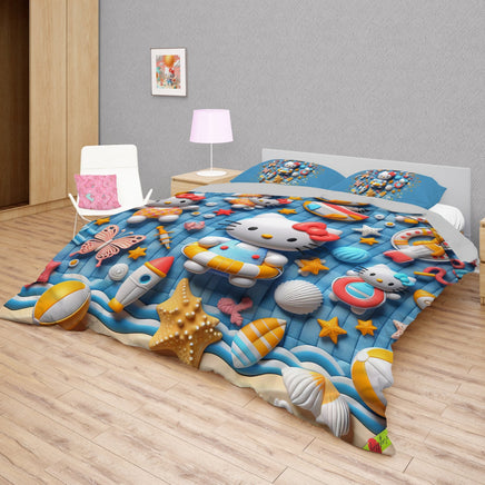 Summer bedding sets - Coastal Hello Kitty bed linen 3D bedroom - Cute duvet cover and pillowcase - Lusy Store LLC