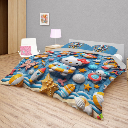 Summer bedding sets - Coastal Hello Kitty bed linen 3D bedroom - Cute duvet cover and pillowcase Bedding Set + Flat Sheet (4pcs)