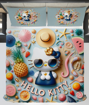 Summer bedding sets - Cool Hello Kitty bed linen 3D bedroom - Cute duvet cover and pillowcase - Lusy Store LLC