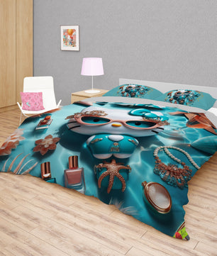 Summer bedding sets - Cool Hello Kitty bed linen 3D bedroom - Cute duvet cover and pillowcase - Lusy Store LLC