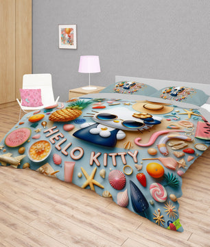 Summer bedding sets - Cool Hello Kitty bed linen 3D bedroom - Cute duvet cover and pillowcase - Lusy Store LLC