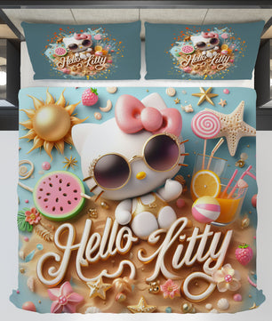 Summer bedding sets - Cool Hello Kitty bed linen 3D bedroom - Cute duvet cover and pillowcase - Lusy Store LLC