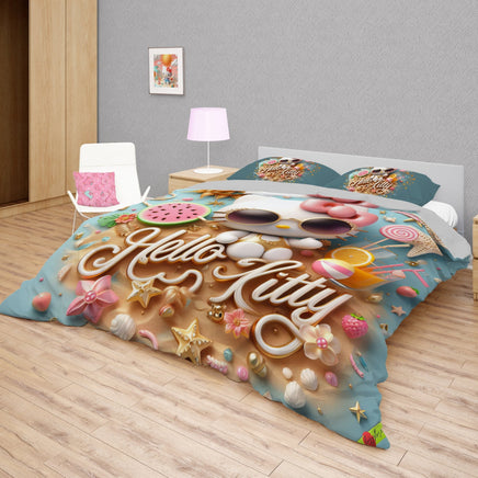 Summer bedding sets - Cool Hello Kitty bed linen 3D bedroom - Cute duvet cover and pillowcase - Lusy Store LLC