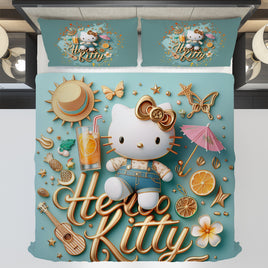 Summer bedding sets - Cool summer Hello Kitty bed linen 3D bedroom - Cute duvet cover and pillowcase - Lusy Store LLC