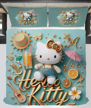 Summer bedding sets - Cool summer Hello Kitty bed linen 3D bedroom - Cute duvet cover and pillowcase - Lusy Store LLC