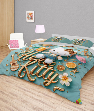 Summer bedding sets - Cool summer Hello Kitty bed linen 3D bedroom - Cute duvet cover and pillowcase - Lusy Store LLC