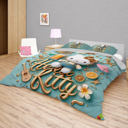 Summer bedding sets - Cool summer Hello Kitty bed linen 3D bedroom - Cute duvet cover and pillowcase Bedding Set + Flat Sheet (4pcs)