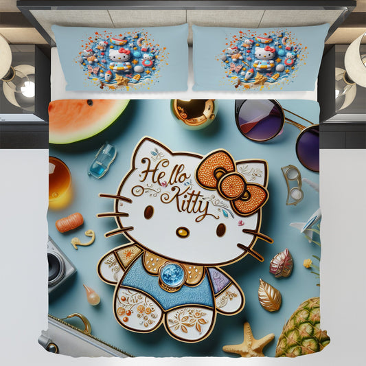 Summer bedding sets - Floral Hello Kitty bed linen 3D bedroom - Cute duvet cover and pillowcase - Lusy Store LLC
