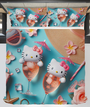 Summer bedding sets - Hello Kitty bed linen 3D cute bedroom - Coastal duvet cover and pillowcase - Lusy Store LLC