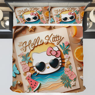 Summer bedding sets - Hello Kitty bed linen 3D cute bedroom - Orange duvet cover and pillowcase - Lusy Store LLC