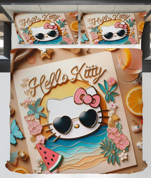 Summer bedding sets - Hello Kitty bed linen 3D cute bedroom - Orange duvet cover and pillowcase - Lusy Store LLC