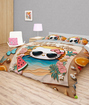 Summer bedding sets - Hello Kitty bed linen 3D cute bedroom - Orange duvet cover and pillowcase - Lusy Store LLC