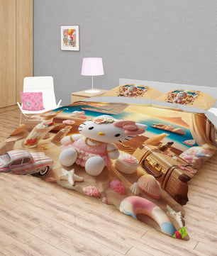 Summer bedding sets - Hello Kitty bed linen sunset 3D bedroom - Cute duvet cover and pillowcase - Lusy Store LLC