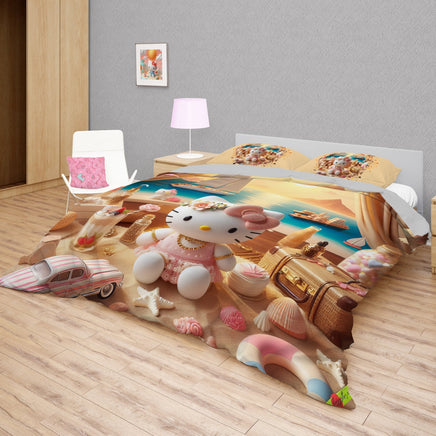 Summer bedding sets - Hello Kitty bed linen sunset 3D bedroom - Cute duvet cover and pillowcase - Lusy Store LLC