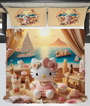 Summer bedding sets - Hello Kitty bed linen sunset 3D bedroom - Cute duvet cover and pillowcase - Lusy Store LLC