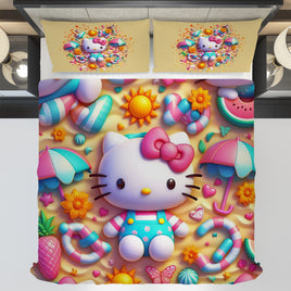 Summer bedding sets - Hello Kitty bed linen under the sand 3D bedroom - Cute duvet cover and pillowcase - Lusy Store LLC